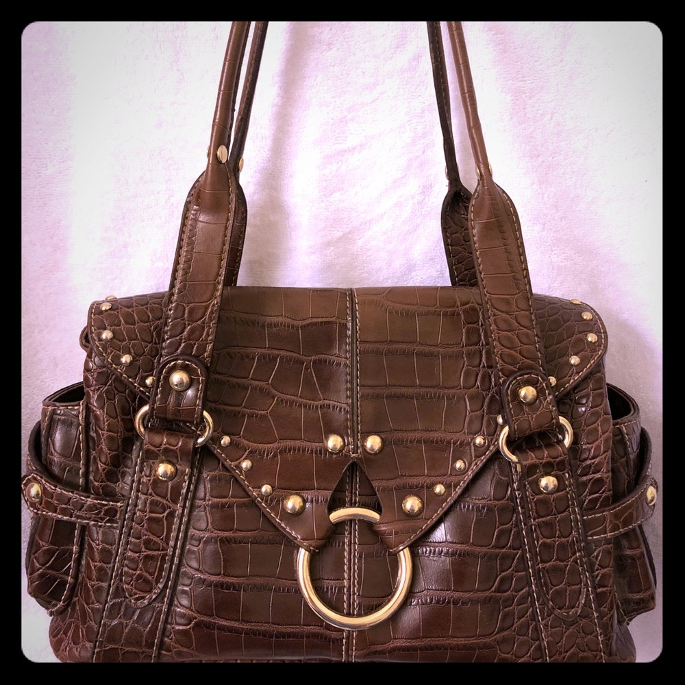 Kathy Van Zeeland Brown Faux Croc studded purse